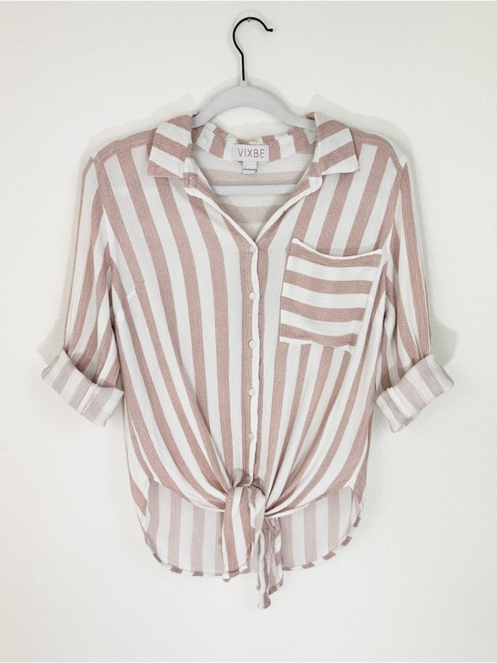 VIXBE Lightweight Coastal Tie Front Button Up Striped Crinkle Shirt Size Small